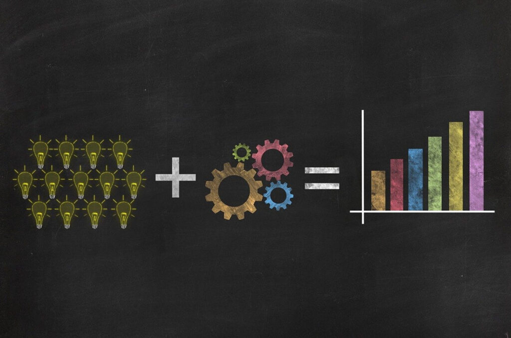 grafika żarówek i kół zębatych równa się wykresy