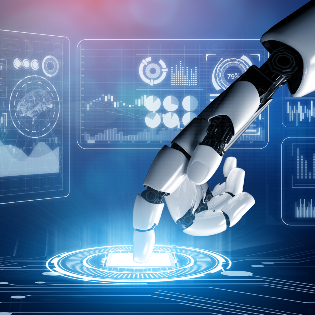 robotyczna ręka dotyka hologramowego panelu