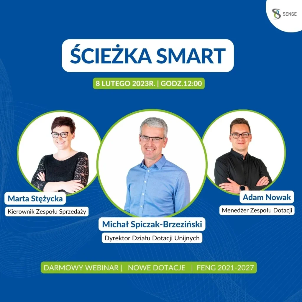 plakat z trzema osobami reklamujący łebinar o dotacjach i ścieżce smart