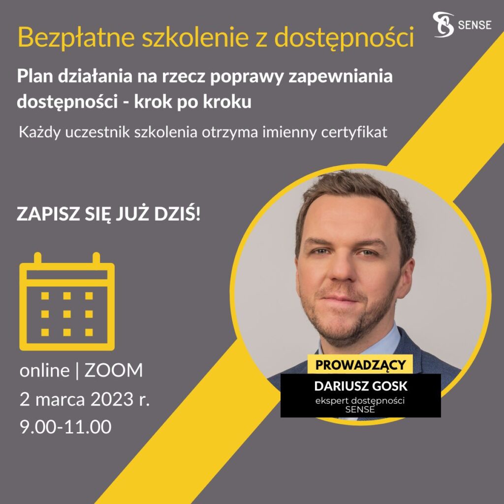 baner mężczyzna na plakacie szkoleniowym zachęcający do bezpłatnego szkolenia z dostępności