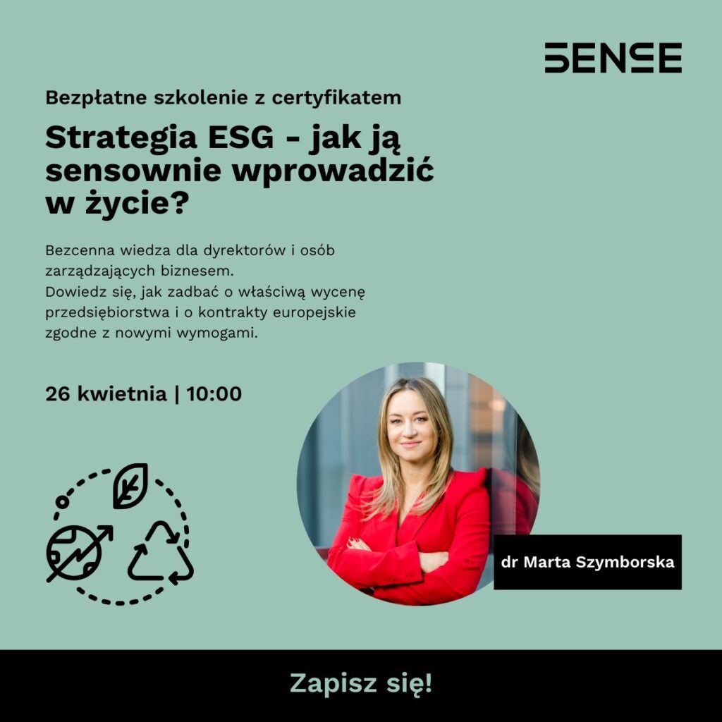 zaproszenie na na szkolenie Strategia E eS Gie jak ją sensownie wprowadzić w życie?​ dwudziestego szóstego kwietnia o godzinie dziesiątej