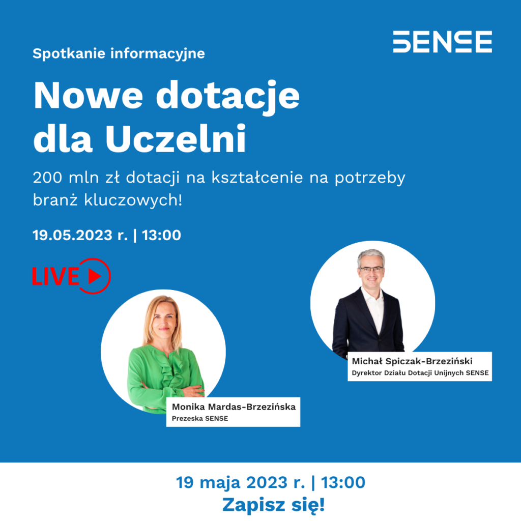 baner z napisem spotkanie informacyjne nowe dotacje dla uczelni dziewiętnastego maja o godzinie trzynastej