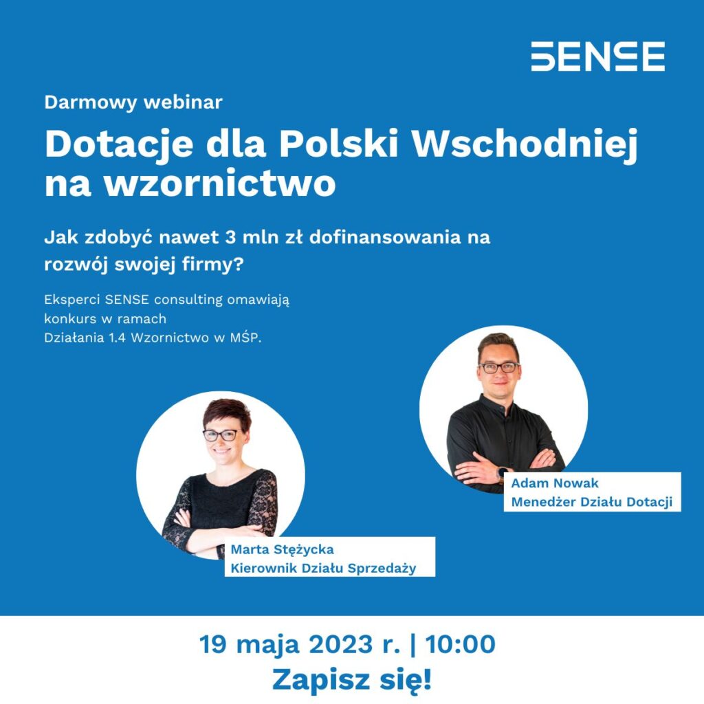 Dwie osoby na plakacie informującym o łebinarze dziewiętnastego maja o godzinie dziesiątej dotyczącym Dotacji dla Polski Wschodniej na wzornictwo