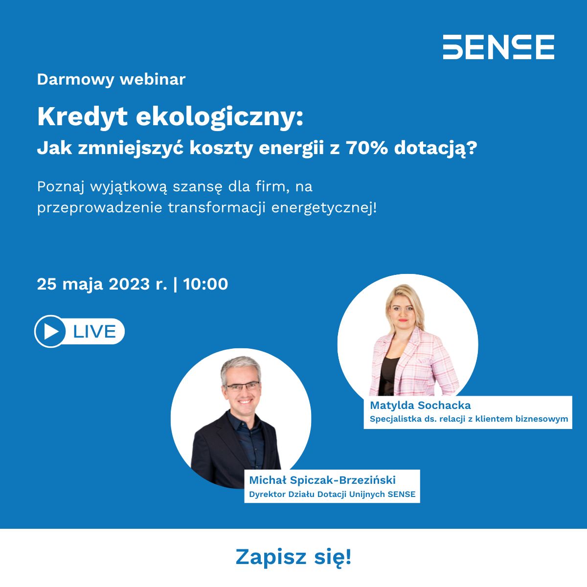 Dwie osoby na plakacie informującym o łebinarze, 25 maja o godzinie dziesiątej dotyczącym Kredytu ekologicznego