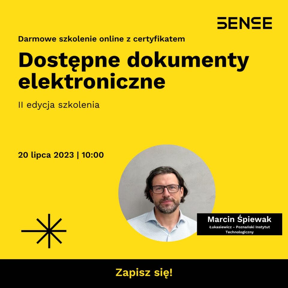 Plansza ze zdjęciem mężczyzny Zaproszenie na darmowe szkolenie Dostępne dokumenty elektroniczne dwudziestego lipca godzina dziesiąta Prowadzi Marcin Śpiewak Łukasiewicz Poznański Instytut Technologiczny