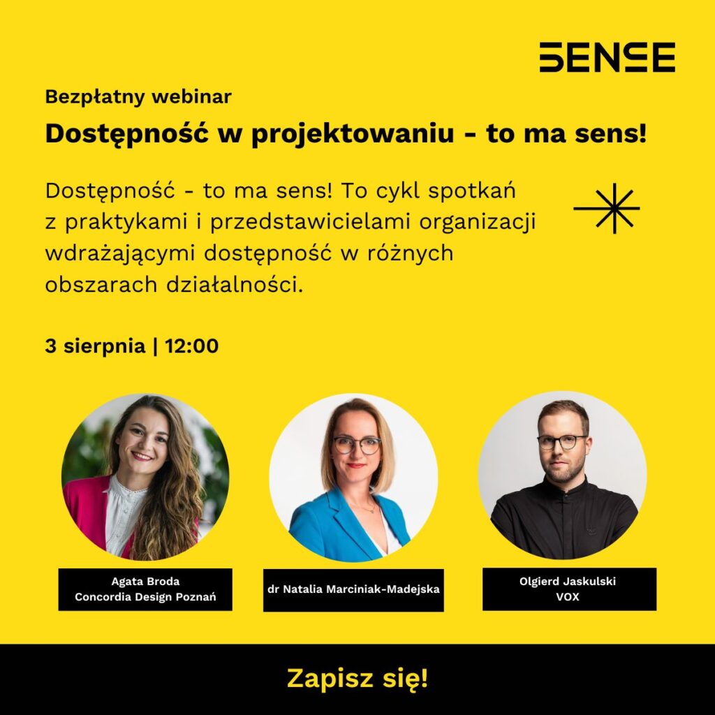 baner informacyjny 3 osoby na grafice dostępność w projektowaniu bezpłatny łebinar trzeciego sierpnia godzina dwunasta