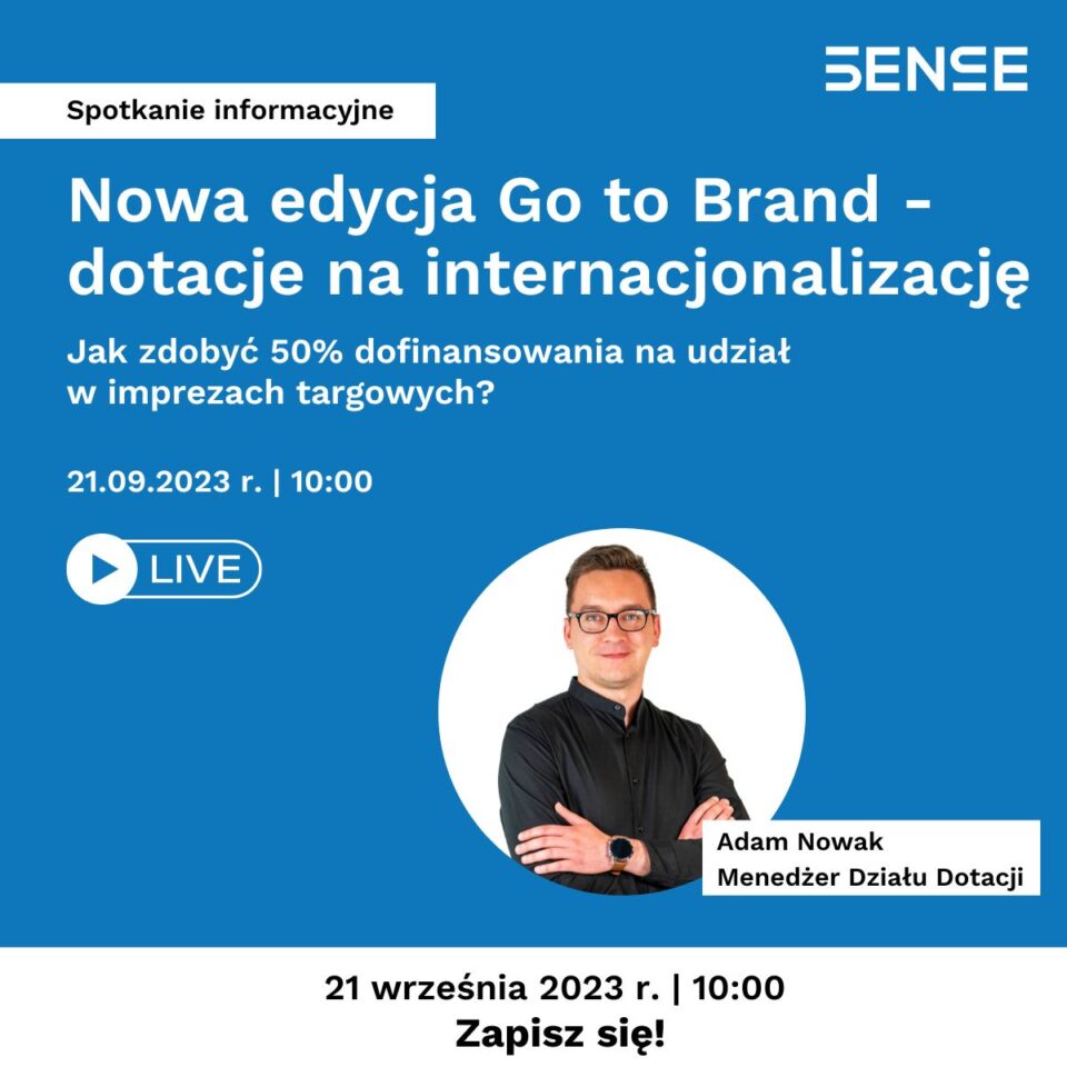 niebieskie tło mężczyzna w białym kole na plakacie informującym o webinarze Nowa edycja Goł tu Brand dotacje na internacjonalizację