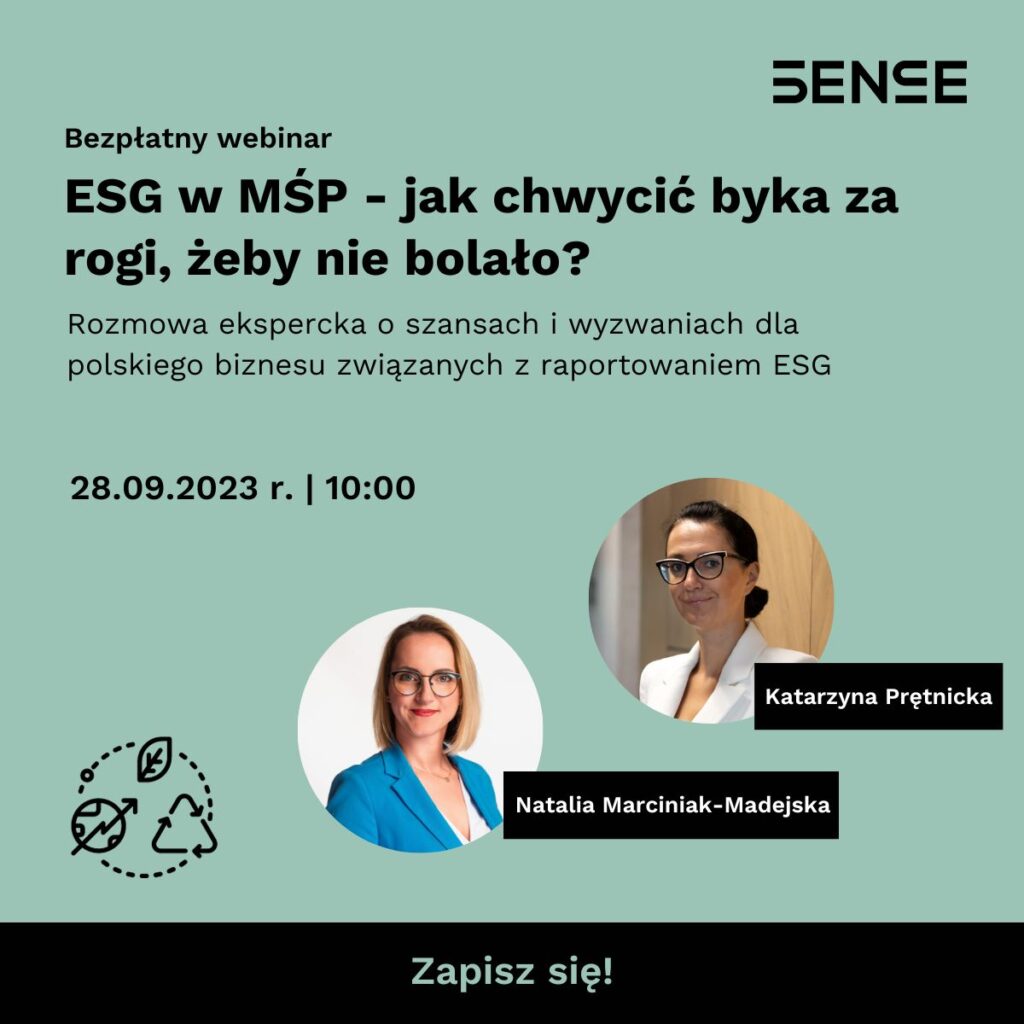 zielone tło zdjęcia portretowe dwóch kobiet Natalia Marciniak Madejska Katarzyna Prętnicka Darmowy łebinar ESG w MŚP jak chwycić byka za rogi żeby nie bolało dwudziestego ósmego września godzina dziesiąta