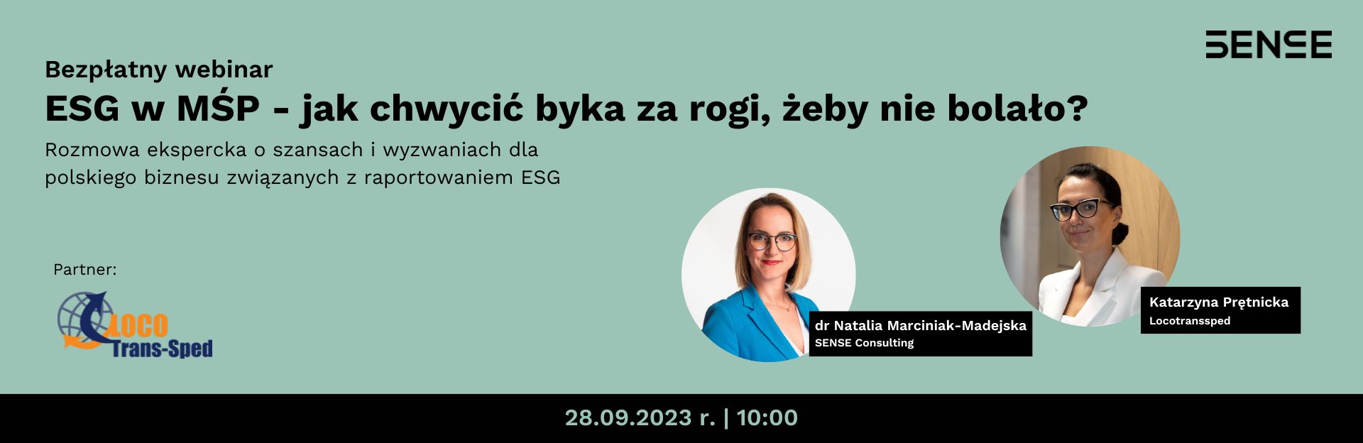 zielone tło, zdjęcia portretowe dwóch kobiet, Natalia Marciniak-Madejska, Katarzyna Prętnicka, Darmowy webinar, ESG w MŚP - jak chwycić byka za rogi, żeby nie bolało 28 września godz. 10