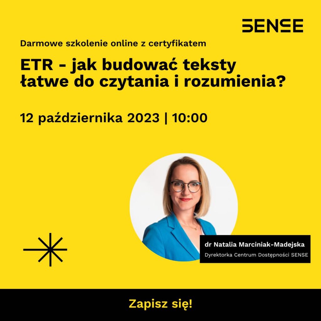 żółte tło kobieta na zdjęciu portretowym w niebieskiej marynarce szkolenie jak budować teksty łatwe do czytania i rozumienia?