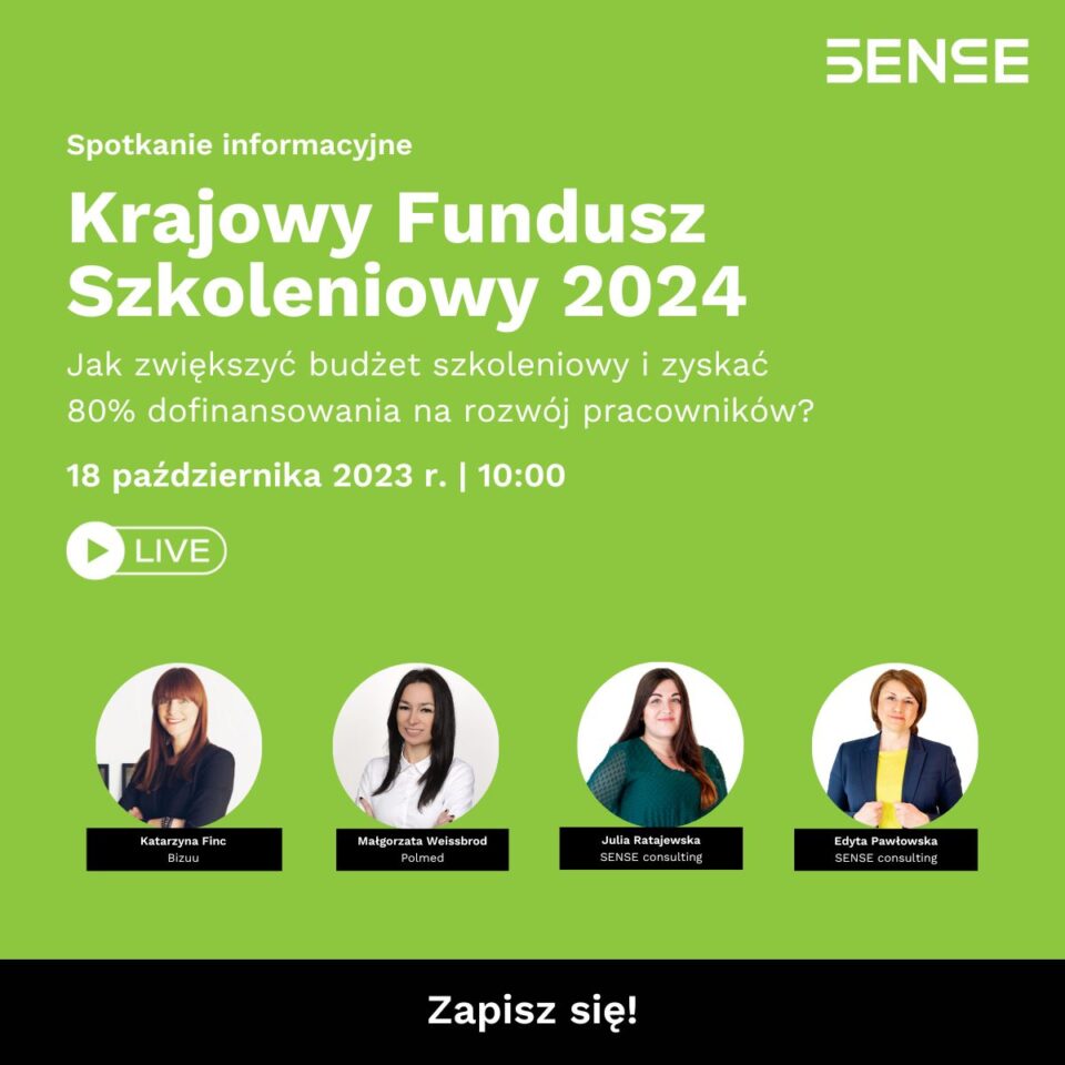 baner z zielonym tłem zdjęcia portretowe czterech kobiet Natalia Marciniak Madejska Katarzyna Prętnicka Darmowy webinar, Krajowy Fundusz Szkoleniowy 2024 18 października godzinie 10