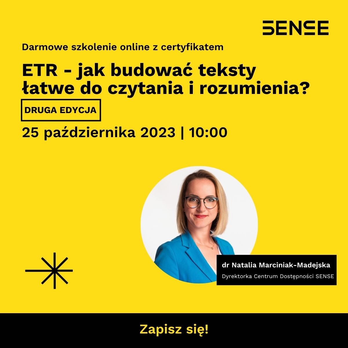 żółte tło kobieta na zdjęciu portretowym w niebieskiej marynarce informująca o szkoleniu E TE ER jak budować teksty łatwe do czytania i rozumienia?