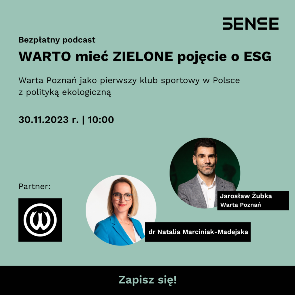 Dwie osoby na plakacie informującym o podkaście 30 listopada o godzinie 10 dotyczącym ESG i zielonej gospodarki