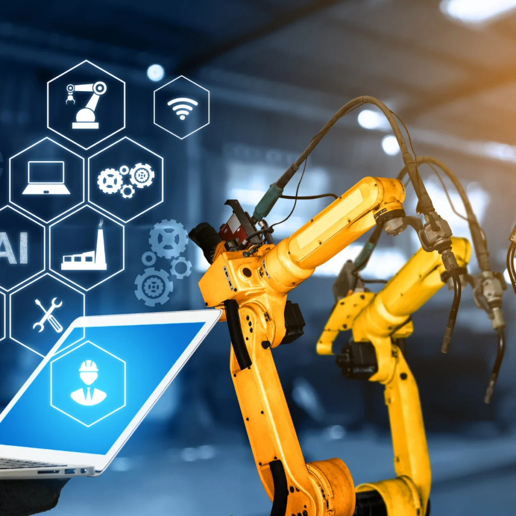 nowoczesna grafika z motywami przemysłowo rozwojowymi a na środku maszyna