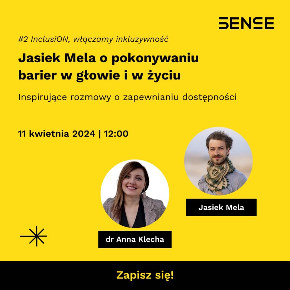 Portrety dwóch osób dr Anna Klecha i Jasiek Mela oraz napisy: Jasiek Mela o pokonywaniu barier w głowie i w życiu