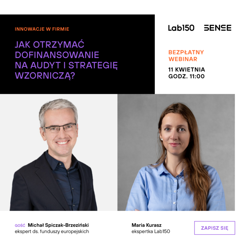 dwie osoby na grafice plus tekst Jak otrzymać dofinansowanie na audyt i strategię wzorniczą