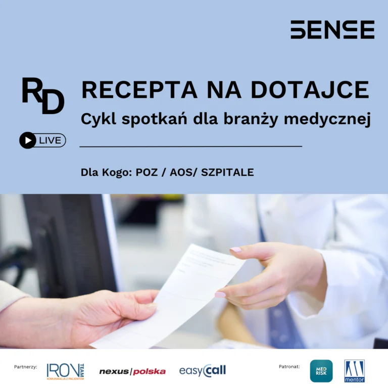 baner reklamowy recepta na dotacje Cykl spotkań dla branży medycznej przedstawiający Pana wręczającego receptę