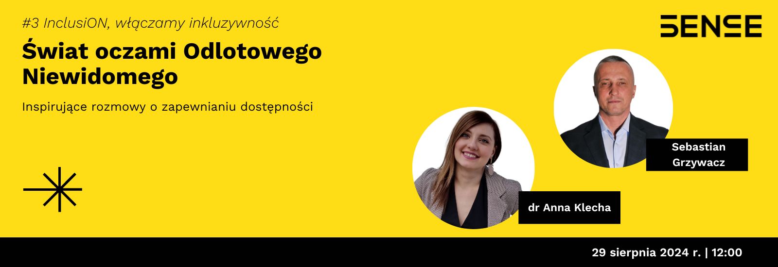 portrety dwóch osób - informacja o webinarze "Świat oczami Odlotowego Niewidomego" z udziałem Sebastiana Grzywacza