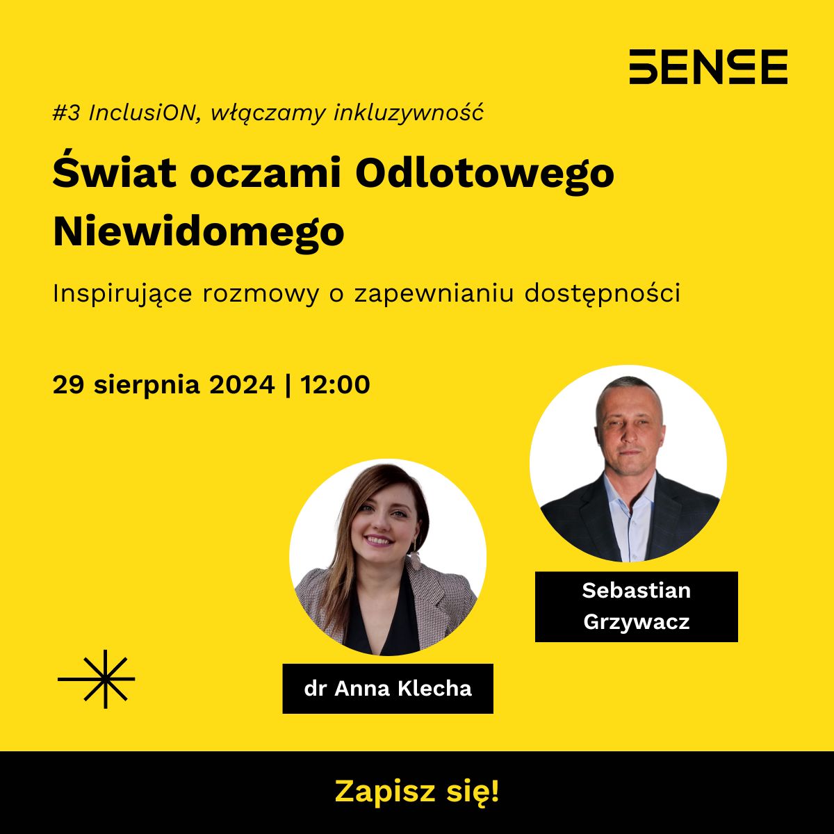 portrety dwóch osób - informacja o webinarze "Świat oczami Odlotowego Niewidomego" z udziałem Sebastiana Grzywacza