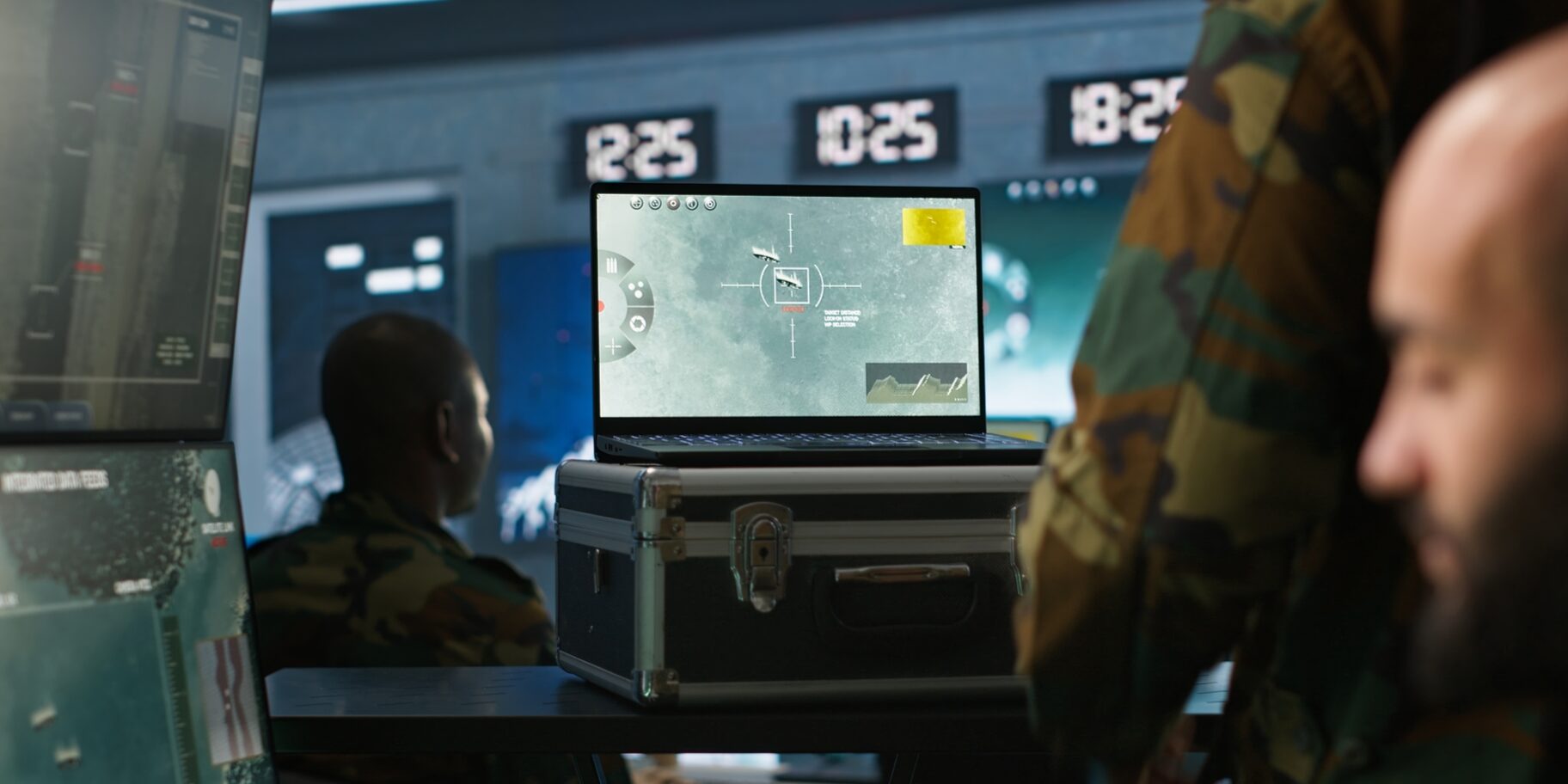 Military expert in base of operations using radar on notebook