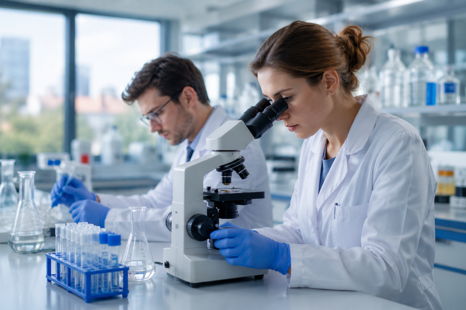 para naukowców pracujących w nowocześnie wyposażonym laboratorium