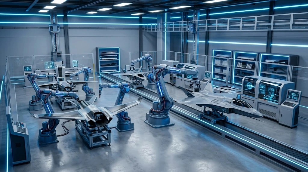 Zdjęcie przedstawia halę produkcyjną z linią montażu bezzałogowych statków powietrznych (BSP), robotami przemysłowymi i maszynami CNC, ilustrując rozwój nowoczesnego potencjału technologicznego i obronnego firmy