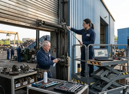 Zbliżenie na mechanizm otwierający bramę przemysłową. Młoda kobieta w granatowym kombinezonie, z ciemnymi włosami w kucyku, operuje kluczem na mechanizmie, stojąc na podnośniku