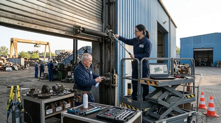 Zbliżenie na mechanizm otwierający bramę przemysłową. Młoda kobieta w granatowym kombinezonie, z ciemnymi włosami w kucyku, operuje kluczem na mechanizmie, stojąc na podnośniku