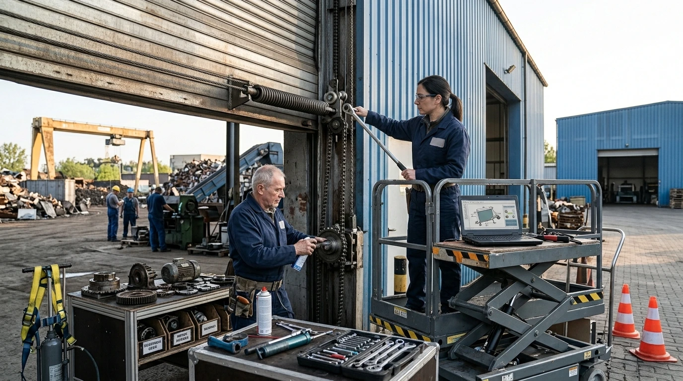 Zbliżenie na mechanizm otwierający bramę przemysłową. Młoda kobieta w granatowym kombinezonie, z ciemnymi włosami w kucyku, operuje kluczem na mechanizmie, stojąc na podnośniku