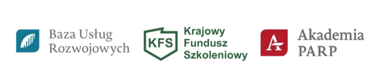 Logo 3 Instytucji: Baza Usług Rozwojowych, KFS, Akademia PARP