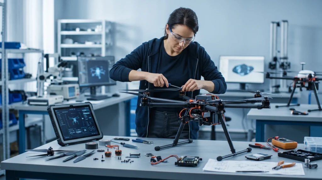 Inżynierka w okularach ochronnych montująca podzespoły profesjonalnego drona w nowoczesnym laboratorium technologicznym.