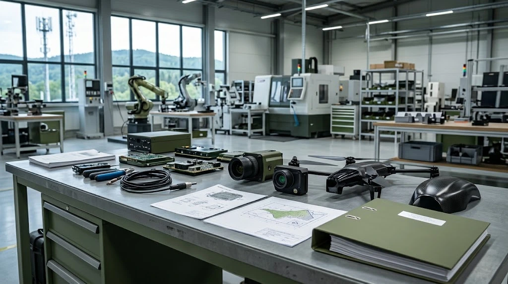 Komponenty elektroniczne, optoelektronika, dron i schematy techniczne na stole warsztatowym w jasnej hali produkcyjnej z maszynami CNC i robotami przemysłowymi.