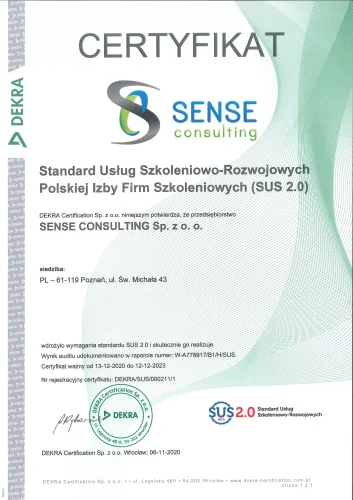 certyfikat dla sens konsulting standard usług szkoleniowo rozwojowych