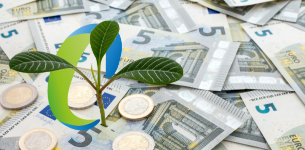 banknoty i monety euro leżą obok małej roślinki